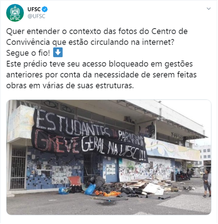 Post da UFSC no Twitter esclarecendo lixo na frente do Centro de Convivência.
