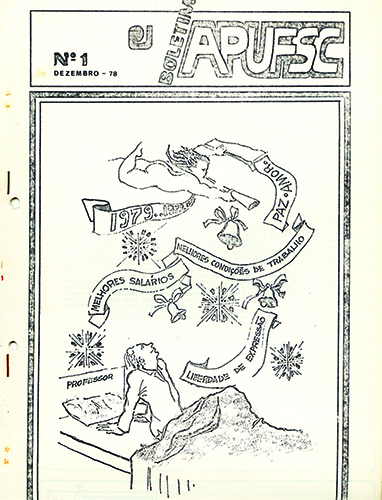 Capa do Boletim informativo da Apufsc de dezembro de 1978. O desenho mostra um professor sentado em sua cama, sonhando com melhores salários, melhores condições de trabalho e outras melhorias para o ano de 1979.